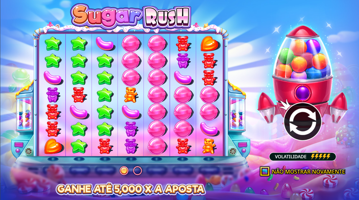 Sugar Rush pantalla principal con cuadrícula 7x7 llena de símbolos de dulces coloridos