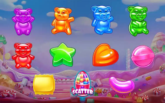 Sugar Rush símbolos especiales Wild y Scatter con efectos visuales brillantes